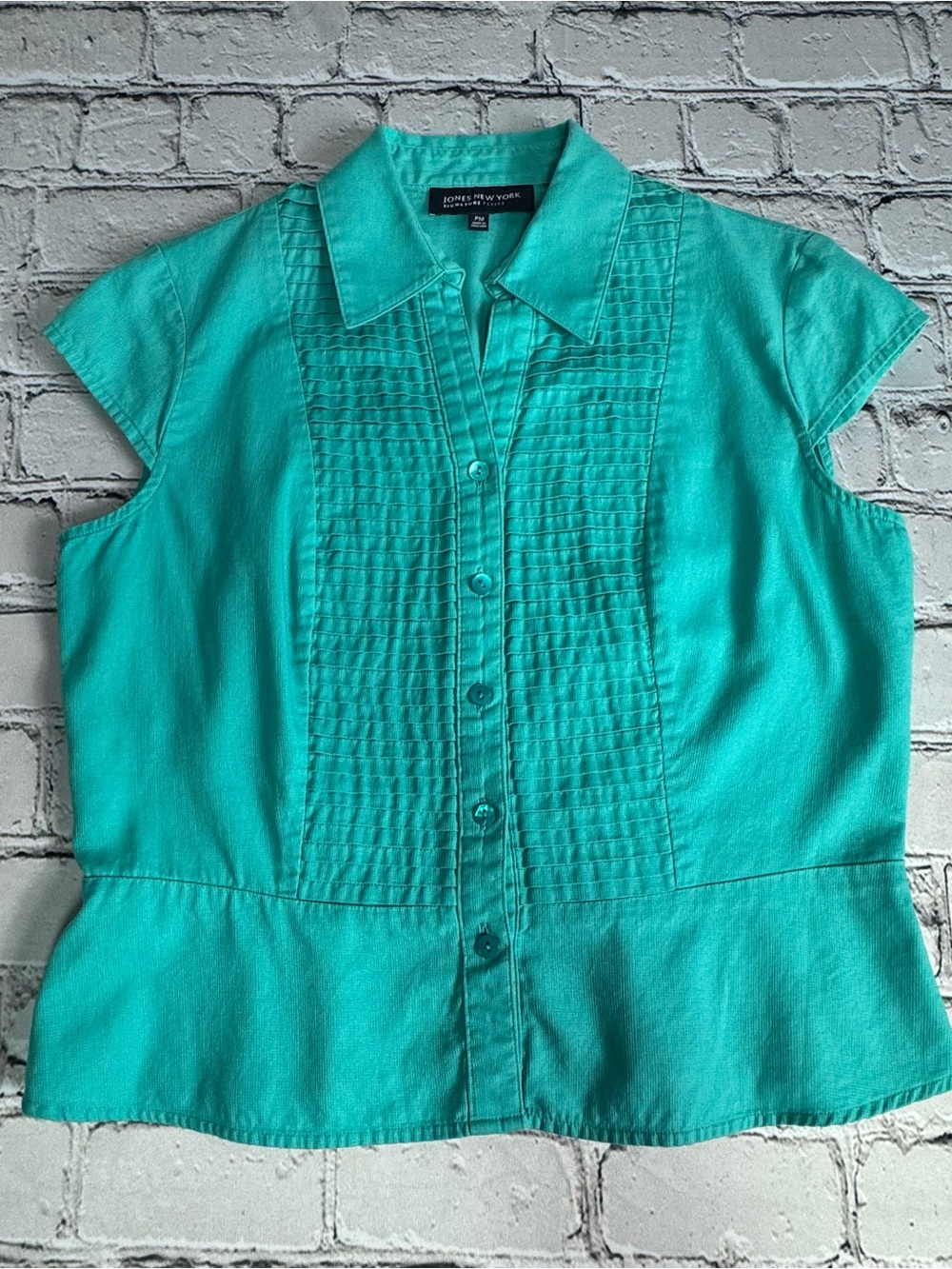 Y2K Jones New York Signature Teal Button-Front Cap Sleeve Blouse Cotton Size PM